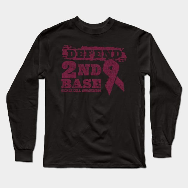 Defend 2nd Base Sickle Cell Awareness Burgundy Ribbon Warrior Long Sleeve T-Shirt by celsaclaudio506